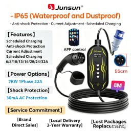 Junsun Type 2 App control Portable EV Charger 6 8 10 13 16 20 24 32A Current Adjustable IP65 Waterproof 3 6KW 7KW Compatible Scheduled Charging Function Touch Button Control Panel 2 Year Warranty for EU Plug Electric Car Hybrid