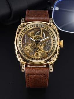 LONGLUX Automatic Watch Retro Style Wholesale Mechanical Wristwatches Skeleton Carve Waterproof Leather No Logo Mens Watch