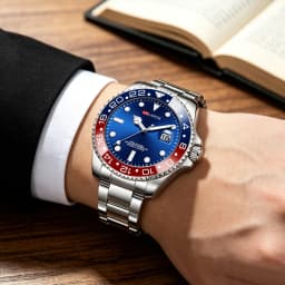 Stainless Steel Watch 40mm Business Fashion Red Blue Circle Diving Series Magnifying Glass Calendar Quartz Watches montre homme