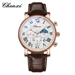CHENXI 973 Men Quartz Watch Fashion Business Moon Phase Date Multifunctional Chronograph Leather Strap Wristwatch
