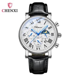 CHENXI 973 Men Quartz Watch Fashion Business Moon Phase Date Multifunctional Chronograph Leather Strap Wristwatch