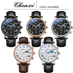 CHENXI 973 Men Quartz Watch Fashion Business Moon Phase Date Multifunctional Chronograph Leather Strap Wristwatch