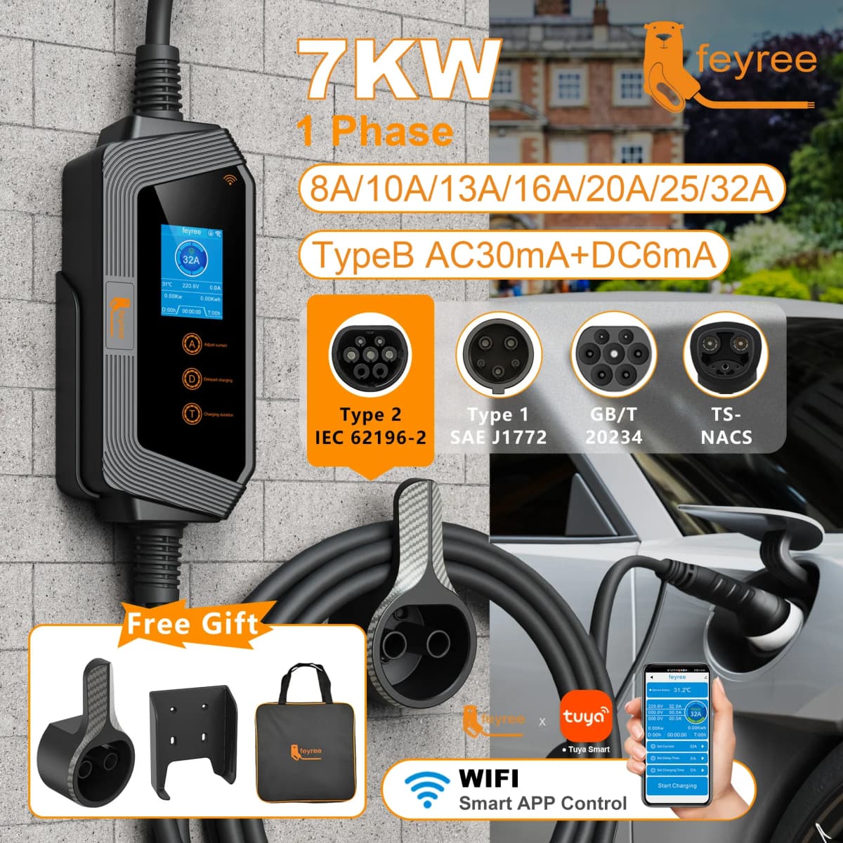 Feyree Type2 / Type1 / GBT / TS-NACS Socket 32A 7KW 1 Phase Smart APP Wi-Fi Control for Home & Outdoor Use