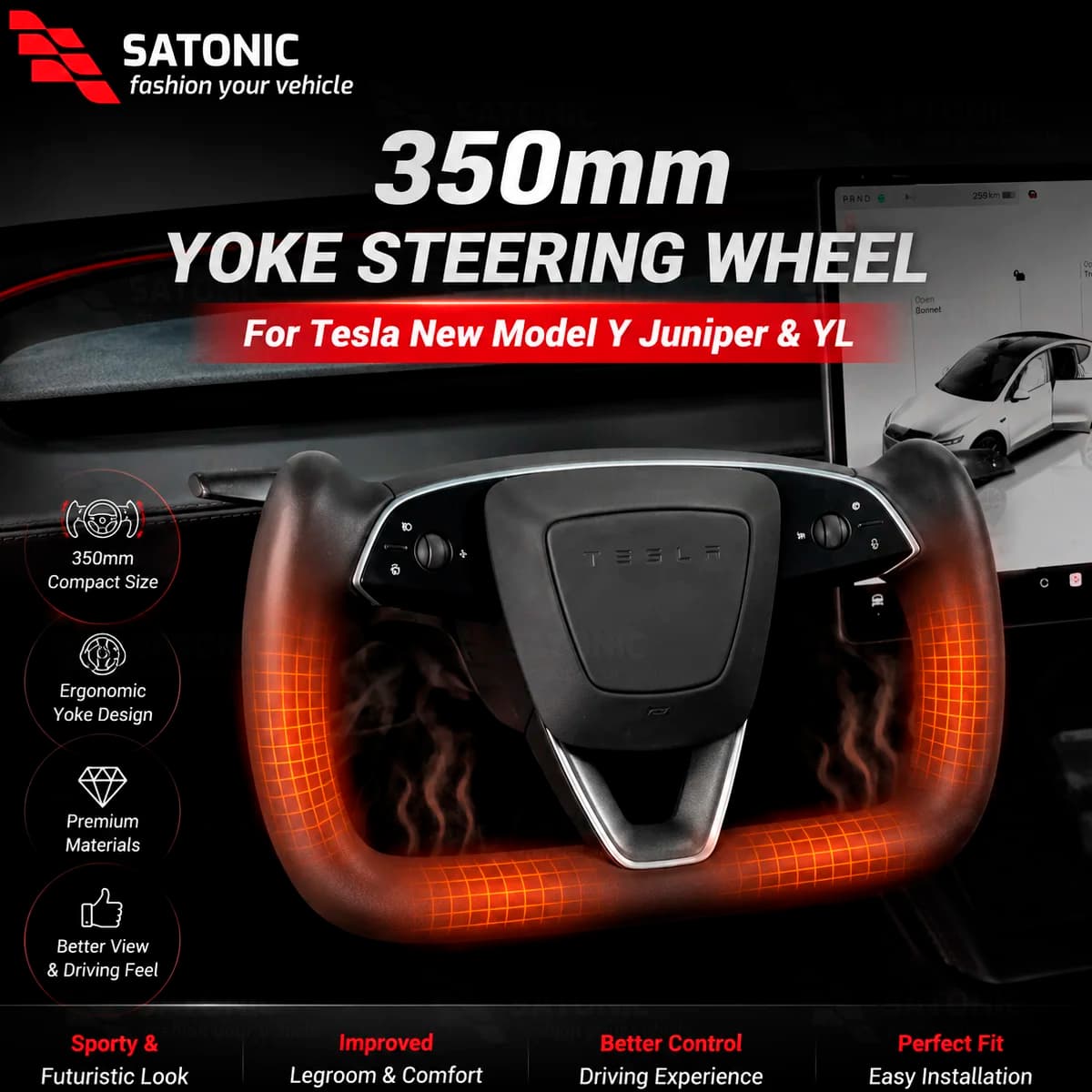 SATONIC 350mm Heated Sports Yoke Handle Steering Wheel For Tesla New Model Y Juniper YL Customized Nappa Leather