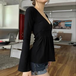 SUCHCUTE Women Solid Lace Trim Patchwork Button Flared Sleeves Shirt Casual V Neck Knit Top Y2k Aesthetic Fall Clothes Fairycore