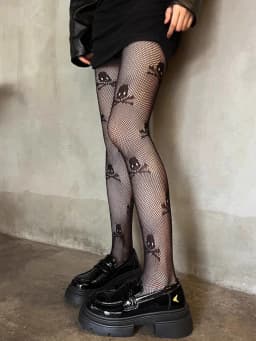 Women's Punk Gothic Skull Pattern Tights Thin Sheer Sexy Mesh Hollowed-out Fishnet Stockings Japanese Style JK Lolita Pantyhose