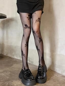 Women's Punk Gothic Skull Pattern Tights Thin Sheer Sexy Mesh Hollowed-out Fishnet Stockings Japanese Style JK Lolita Pantyhose
