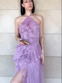 Chic Pleated Halter Neck Long Vacation Dress High Quality Purple Strapless Lotus Edge Maxi Dress 2025 New Lady Vacation Gown