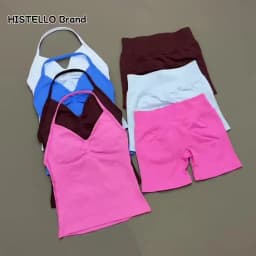 Yoga 2 Pieces Gym Set Women Backless Halter Tops High Waist Seamless Shorts Gym Suit Fitness Sports Bras Sportswear Workout Sets