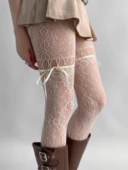 New Design Beige Tights Women Sexy See Through Mesh Sheer Fishnet Stockings JK Uniform Bow Tie Strap Lace Bottoming Pantyhose