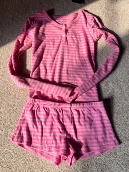 Pink Striped Long Sleeve T-shirt Shorts Set Woman Buttons Slim Tees+Elastic Straight Short Pant Cotton Home Pajama 2 Piece Sets