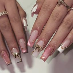 24Pcs Brown Long Coffin False Nails Glitter Ballet Wearable with French Design Fake nails Full Press on Nail Ins Nail Tips Art