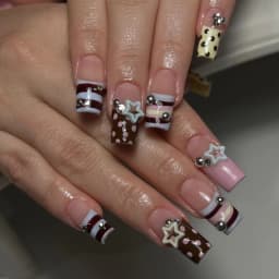 24Pcs Brown Long Coffin False Nails Glitter Ballet Wearable with French Design Fake nails Full Press on Nail Ins Nail Tips Art