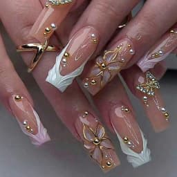 24Pcs Brown Long Coffin False Nails Glitter Ballet Wearable with French Design Fake nails Full Press on Nail Ins Nail Tips Art