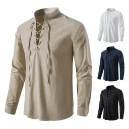 King Billion Men's Shirts Casual Men Cotton Linen Long Sleeve T-shirt Spring Autumn Vintage Shirt US Size Drawstring Neck