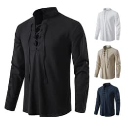King Billion Men's Shirts Casual Men Cotton Linen Long Sleeve T-shirt Spring Autumn Vintage Shirt US Size Drawstring Neck