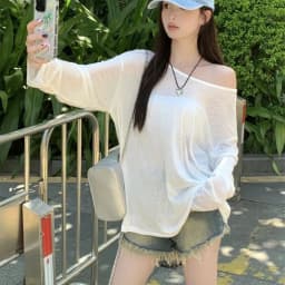 Summer T-shirt Women Beach Thin See Through Oversize Tees Korean Chic White Top High Street Casual Long Sleeve Shirts