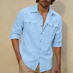 2026 New Men's Long Sleeve Casual Shirt Double Chest Pocket Button Up Soft Loose Linen Comfy Daily Work Street Outdoor Wear Tops