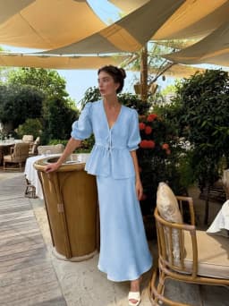 Bornladies 2025 Summer Women's 100% Cotton V-Neck Lace-Up Bubble Sleeve Shirt Long Skirt Set Loose Casual Two-Piece Suit