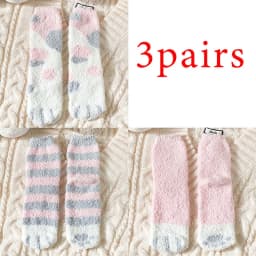 3 Pairs Womens Cats Paw Stripe 3D Socks Thick Girls Cartoon Animal Fingers Sock Hosiery Toe Zebra/Tiger/Cat Foot Sox
