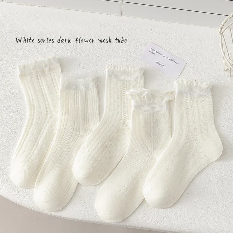 5 Pairs of White Girls' Mid-Calf Socks With Simple Lines Casual Cotton Mesh Breathable Children's Socks
