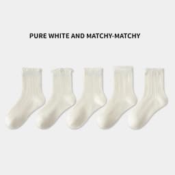5 Pairs of White Girls' Mid-Calf Socks With Simple Lines Casual Cotton Mesh Breathable Children's Socks