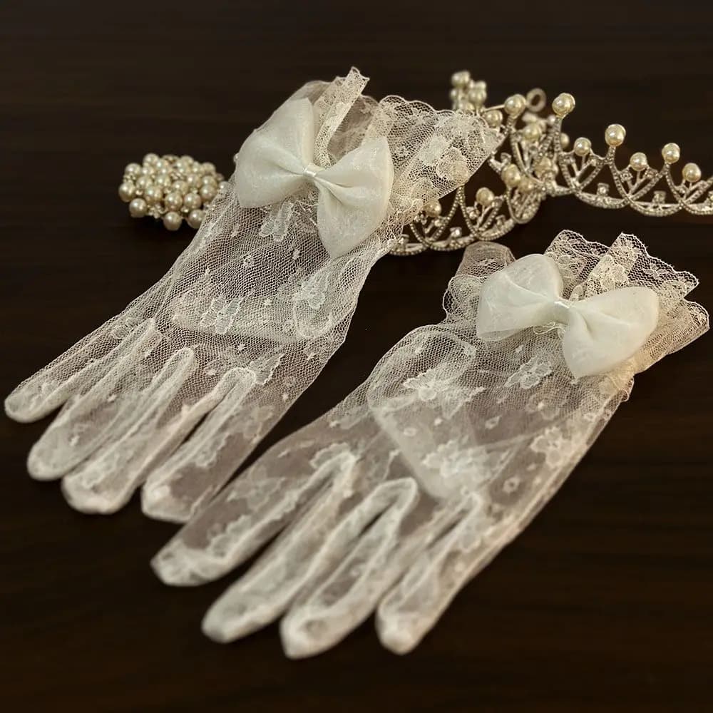 Bridal Dress Gloves Vintage Lace White Mesh Bow Knot Pearl Wedding Dress License Photo Gloves