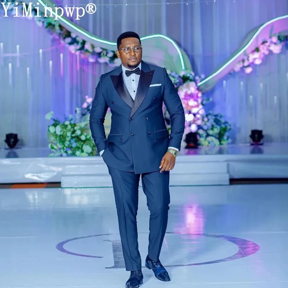 Navy Blue Men Suits 2 Pieces with Peaked Lapel Double Breasted Groom Wedding Suit for Man Office Blazer Jacket+Pants Customized