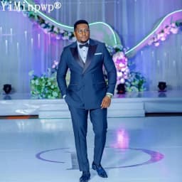 Navy Blue Men Suits 2 Pieces with Peaked Lapel Double Breasted Groom Wedding Suit for Man Office Blazer Jacket+Pants Customized