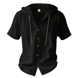 Cotton Linen Shirt for Men Hooded Short Sleeve Solid Color Breathable Lightweight Drawstring Design Shirts Casual Basic Tees