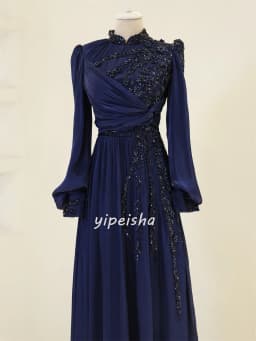Customized High Quality Fashion Chiffon Beading Ruched Straight High Collar Long Dresses Bespoke Occasion Dresses Exquisite