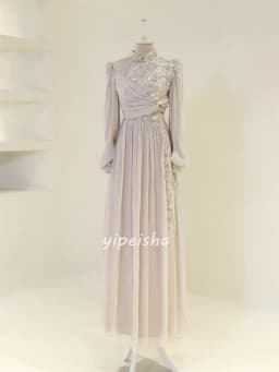 Customized High Quality Fashion Chiffon Beading Ruched Straight High Collar Long Dresses Bespoke Occasion Dresses Exquisite