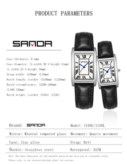 SANDA Leisure Leather Strap Men Women Couple Tank Watches Vintage Korean Roman Scale Square Temperament Quartz Wristwatch
