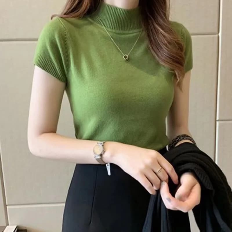 Half-High Neck T-Shirt Women's Fashion Jumper Casual Tops Korean Style Elegant Solid-Coloured Clothing Spring And Summer Season