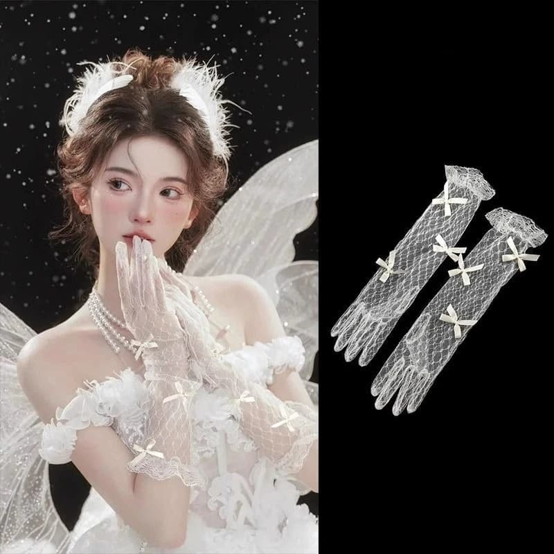 6 Styles Fashion Lace Gloves with Butterfly Flowers White Bridal Wedding Dress Gloves for Birthday Party Photography