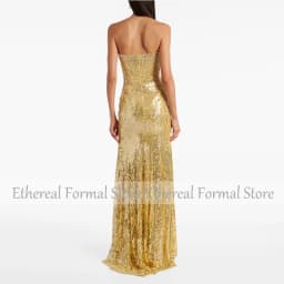 Gliter Golden Sequin Strapless Evening Gown Mermaid Formal Party Dress Beading Saudi Dress Floor Length Sleevelss Prom Dress