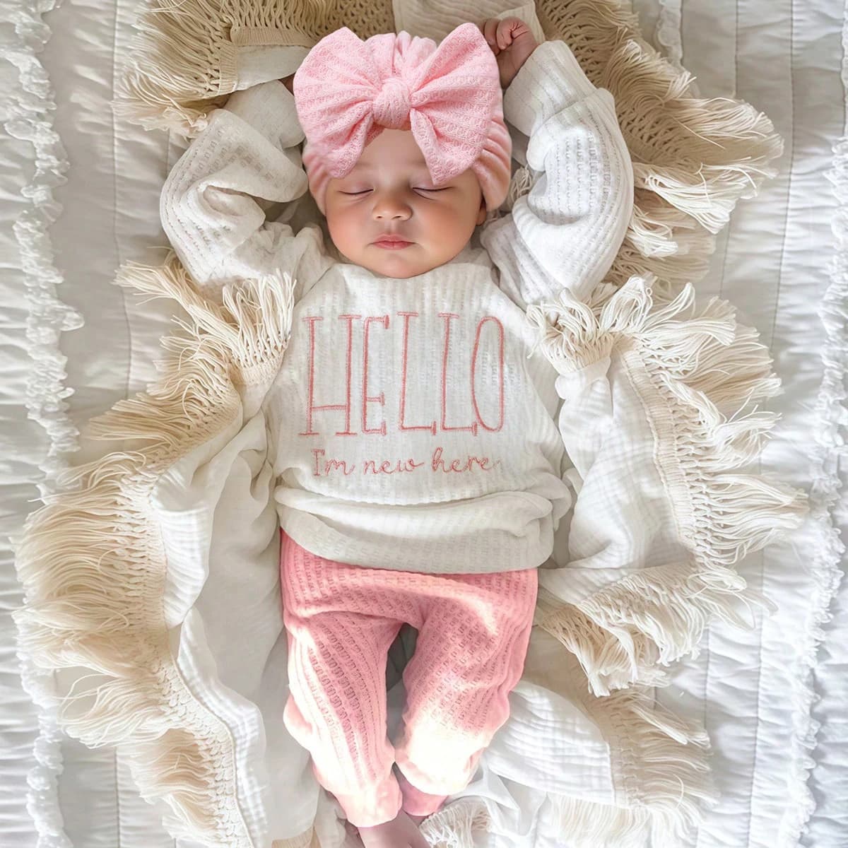 "Hello" Embroidery Newborn Photography Props Infant Romper Jumpsuit with Bow Hat Baby Coming Home Outfit Baby Photo Gift-HD