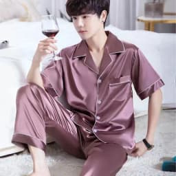 New Ice Silk Pajamas, Men's Summer Short-Sleeved Trousers, Thin High-End Simulated Silk Plus-Size Loose Loungewear Two-Piece Set