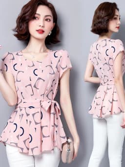 Ladies' summer fashionable age-reducing polka dot short-sleeved chiffon shirt, ladies' short-sleeved round neck fitted waist tem