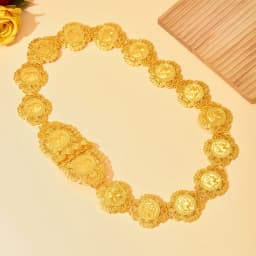 Court-Style Belt With Gold Circular Coin And Human Head Patterned Lace Trim, Hollowed-Out Design For Waistband, An Arab-Style