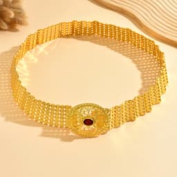 Court-Style Belt With Gold Circular Coin And Human Head Patterned Lace Trim, Hollowed-Out Design For Waistband, An Arab-Style