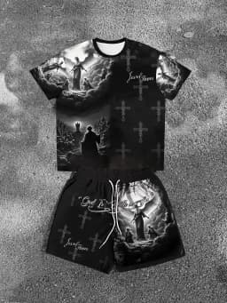 Summer Men's Angel Christ Printed Comfortable Breathable Round Neck T-shirt Shorts Taochuang Outdoor Casual Fashion Clothing