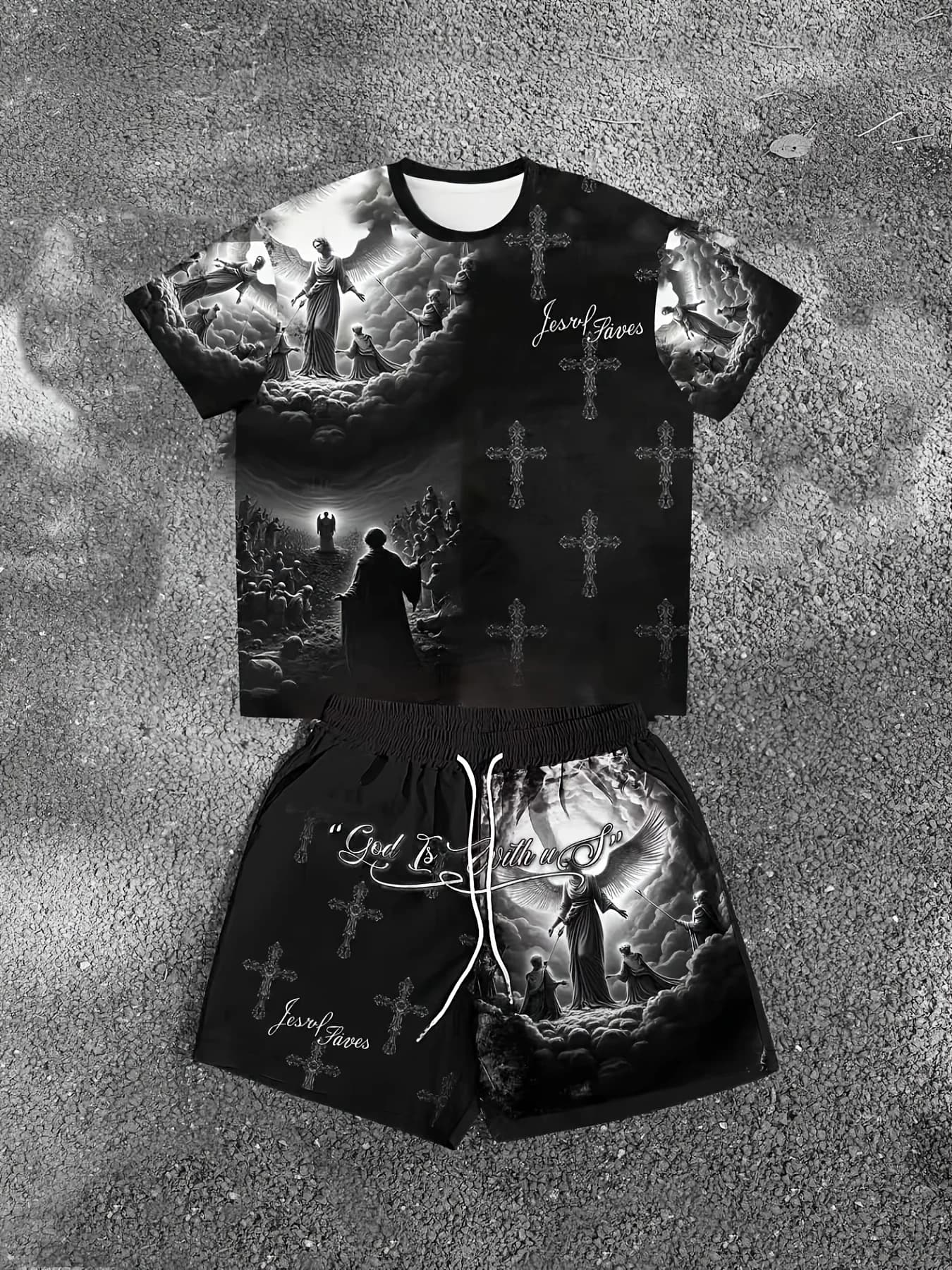 Summer Men's Angel Christ Printed Comfortable Breathable Round Neck T-shirt Shorts Taochuang Outdoor Casual Fashion Clothing
