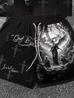 Summer Men's Angel Christ Printed Comfortable Breathable Round Neck T-shirt Shorts Taochuang Outdoor Casual Fashion Clothing