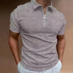 2025 Summer Men's Solid Color Waffle Polo Shirt Short Sleeve Collar Zipper T-shirt&Men's Casual Street Wear New Men's Top