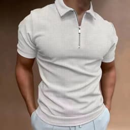 2025 Summer Men's Solid Color Waffle Polo Shirt Short Sleeve Collar Zipper T-shirt&Men's Casual Street Wear New Men's Top