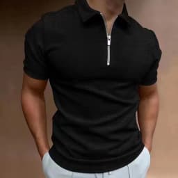 2025 Summer Men's Solid Color Waffle Polo Shirt Short Sleeve Collar Zipper T-shirt&Men's Casual Street Wear New Men's Top
