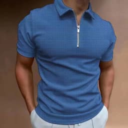 2025 Summer Men's Solid Color Waffle Polo Shirt Short Sleeve Collar Zipper T-shirt&Men's Casual Street Wear New Men's Top
