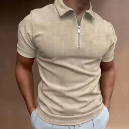2025 Summer Men's Solid Color Waffle Polo Shirt Short Sleeve Collar Zipper T-shirt&Men's Casual Street Wear New Men's Top