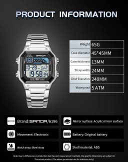 SANDA 6196 Luxury Men's Electronic Watch with Multi Functional Luminous Dial Calendar Waterproof Fashion Men's Digital Watch